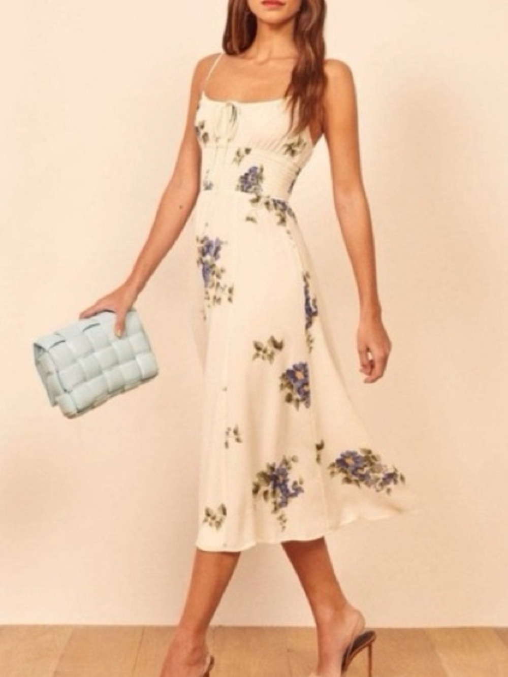 Reformation Cream Floral Midi Dress with Blue Bouquet Print